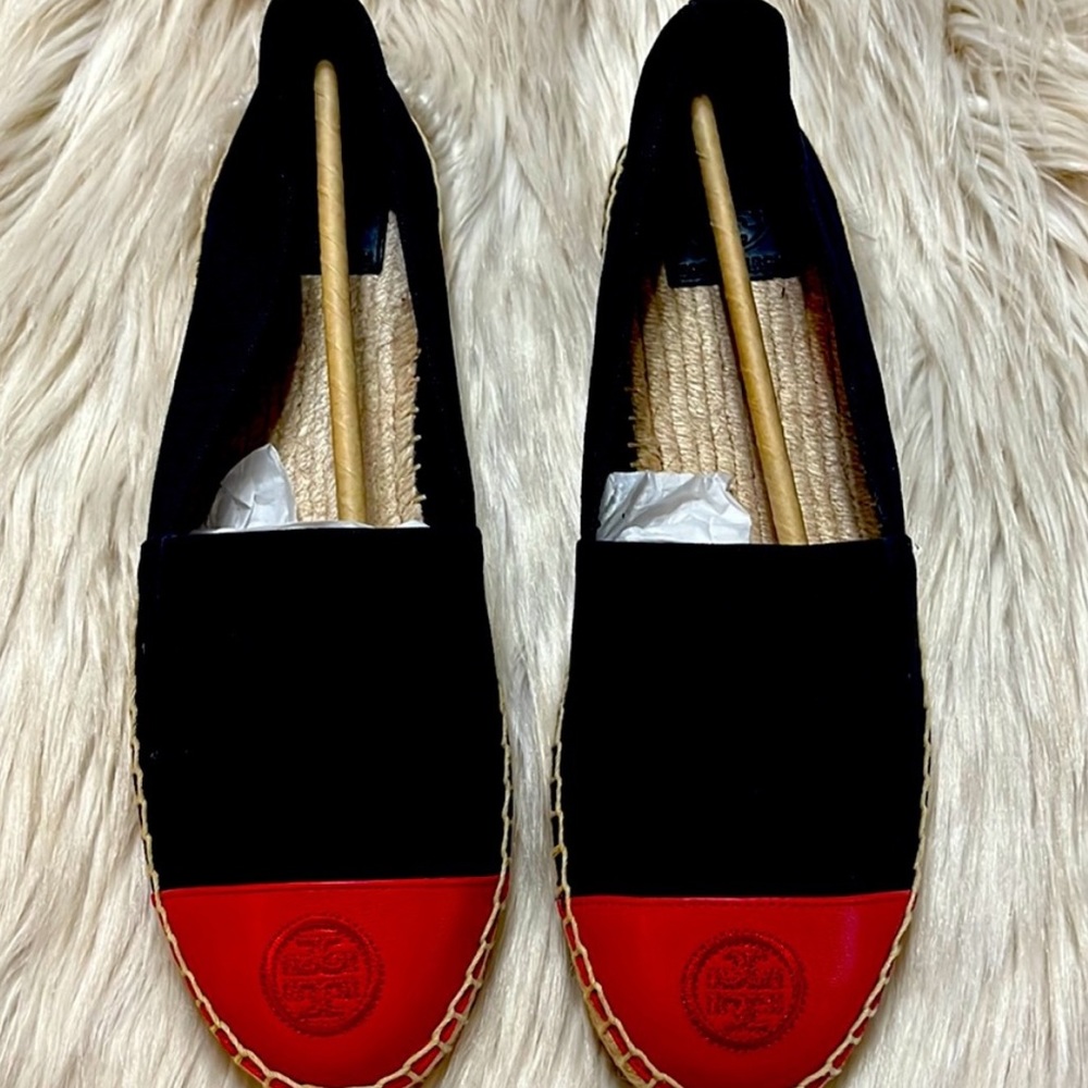 Tory Burch Recycled Canvas Leather Navy Red Color Block Espadrille Shoes - Picture 9 of 15